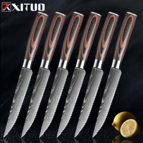 XITUO Damascus steel steak knife g10 handle knife set home dinner (Color: Blue)